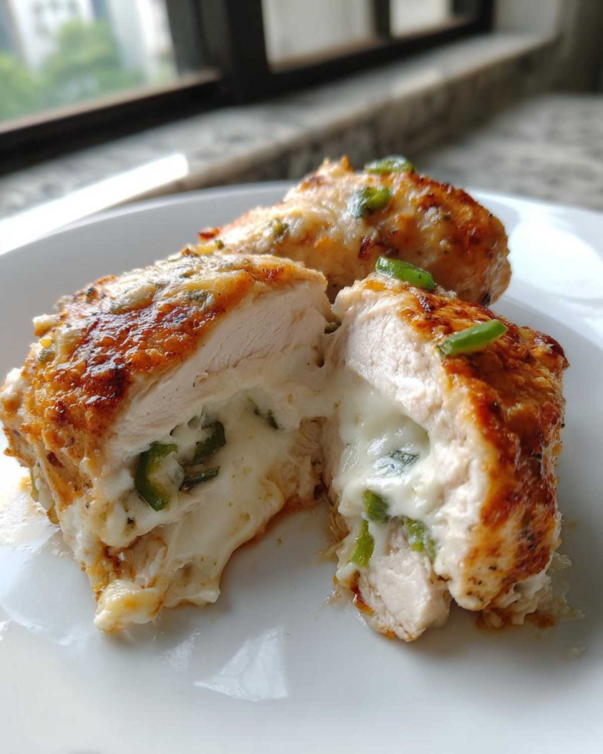 Cross-section of Keto Creamy Jalapeno Popper Chicken showing melted cheese and sliced jalapenos inside the cooked chicken breast.