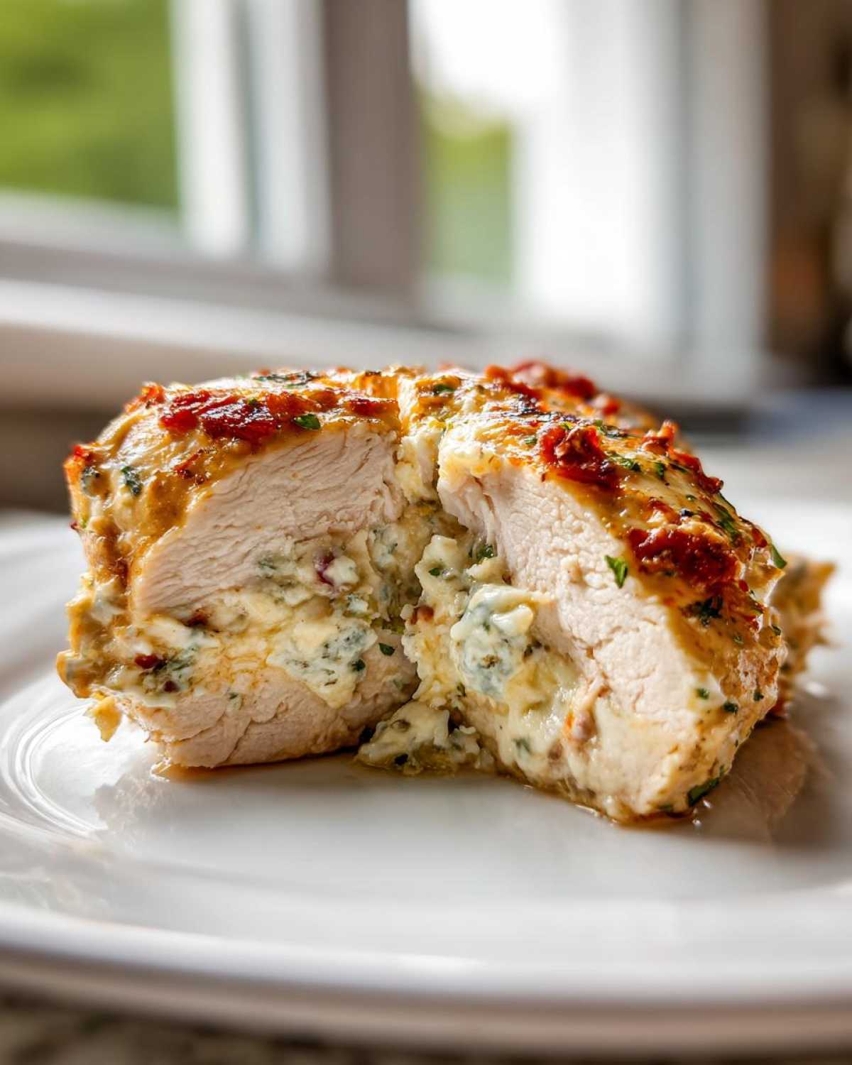 Cross-section of Keto Creamy Jalapeno Popper Chicken showing creamy, cheesy filling inside perfectly cooked white meat.
