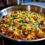 Close-up of a Keto Creamy Taco Skillet with cauliflower rice, ground beef, melted cheddar cheese, and fresh cilantro.