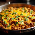 Close-up of a Keto Creamy Taco Skillet with Cauliflower Rice topped with melted cheddar cheese and fresh cilantro.