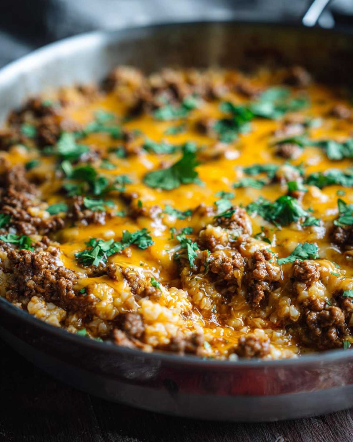 Close-up of Keto Creamy Taco Skillet with cauliflower rice, seasoned ground beef, melted cheddar cheese, and fresh cilantro.