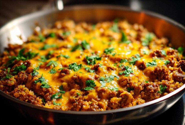 Close-up of a Keto Creamy Taco Skillet with Cauliflower Rice topped with melted cheddar cheese and fresh cilantro.