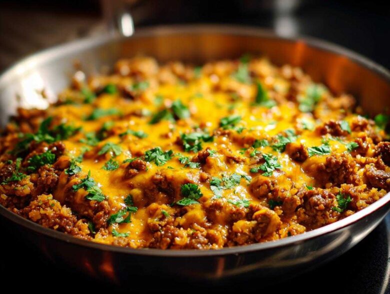 Close-up of a Keto Creamy Taco Skillet with Cauliflower Rice topped with melted cheddar cheese and fresh cilantro.
