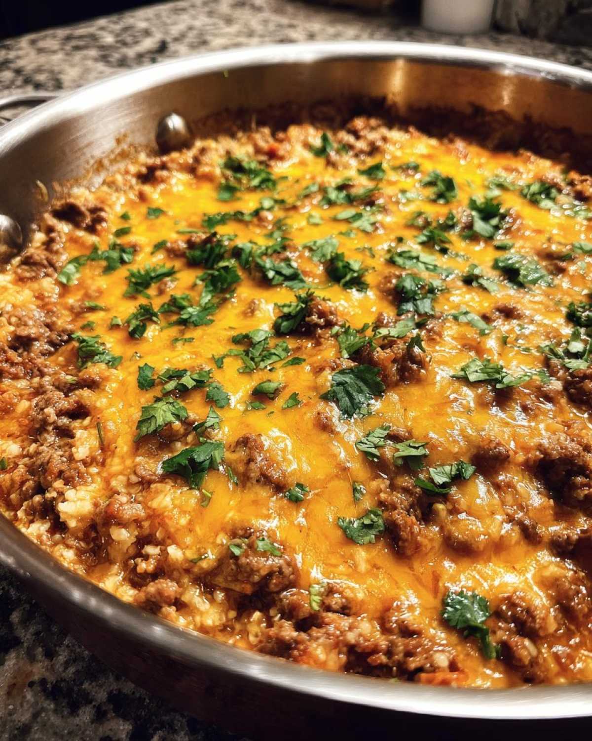 Close-up of a Keto Creamy Taco Skillet with cauliflower rice, ground beef, melted cheddar cheese, and fresh cilantro.