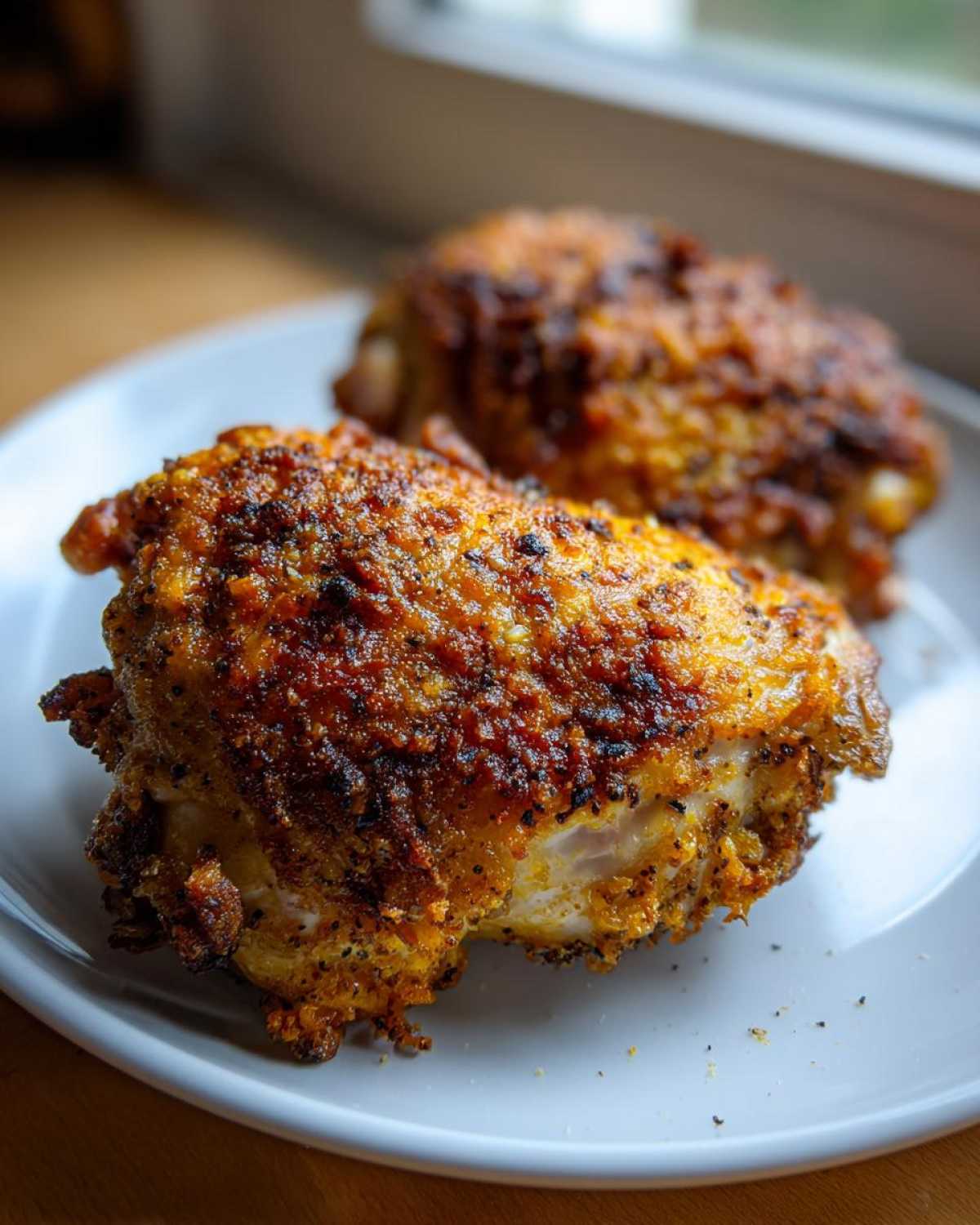 Close-up of two perfectly baked Keto Crispy Baked Chicken Thighs with a golden-brown, seasoned crust on a white plate.