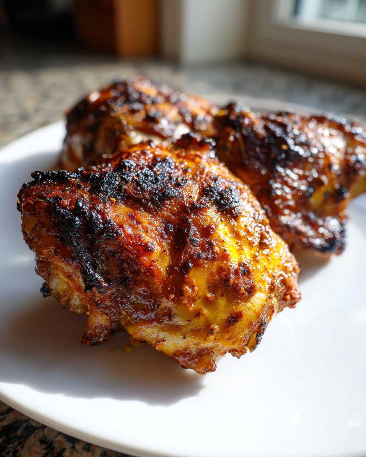 Close-up of three perfectly cooked Keto Crispy Baked Chicken Thighs with deeply browned, slightly charred skin on a white plate.