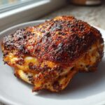 A close-up of a single, perfectly cooked Keto Crispy Baked Chicken Thighs with a dark, seasoned, crispy skin.