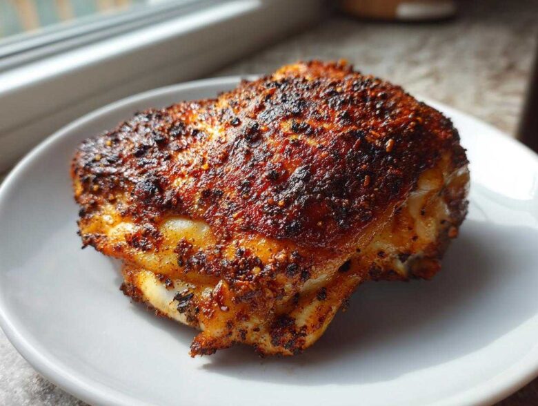 A close-up of a single, perfectly cooked Keto Crispy Baked Chicken Thighs with a dark, seasoned, crispy skin.