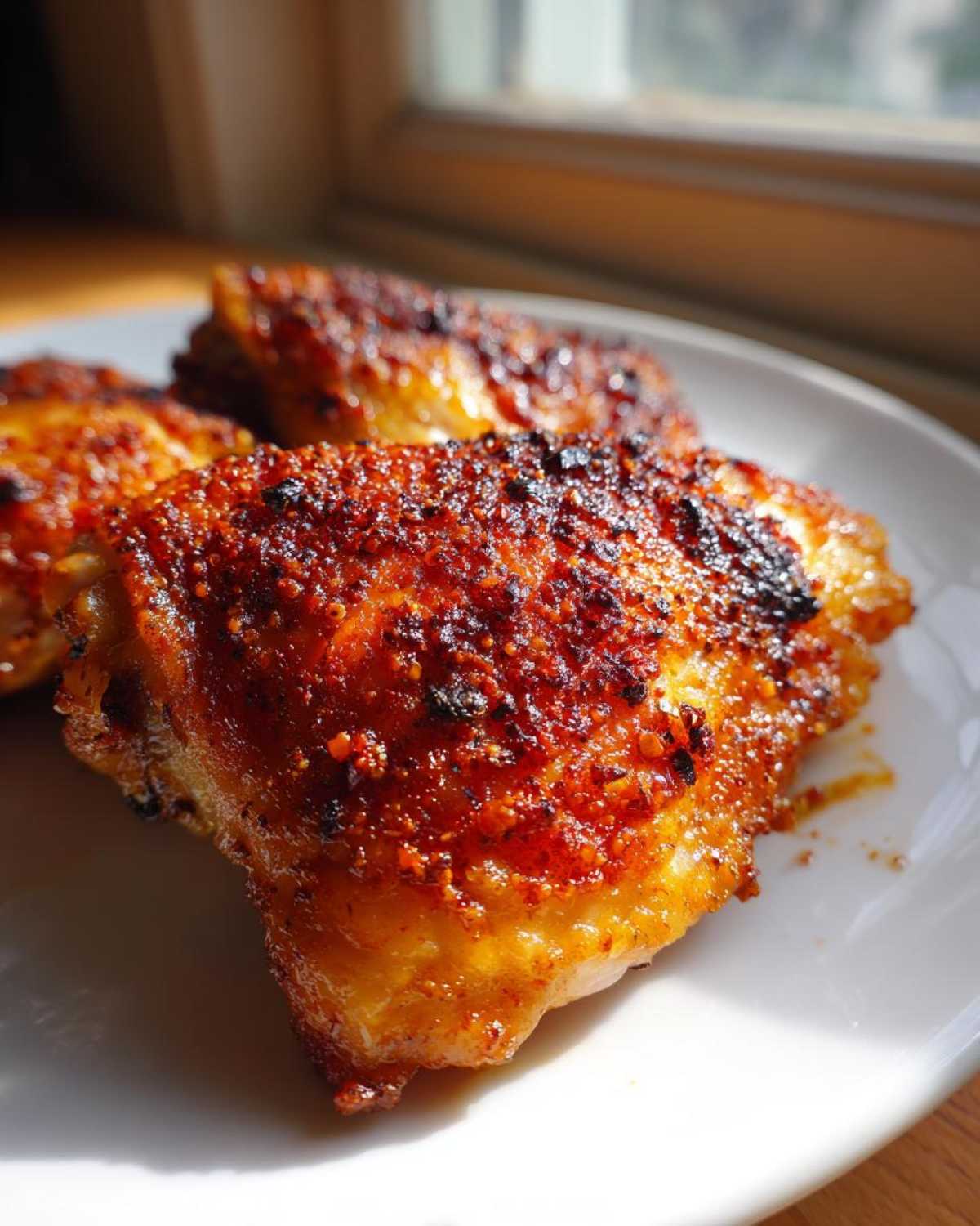 Close-up of perfectly seasoned and crispy skin on Keto Crispy Baked Chicken Thighs served on a white plate.
