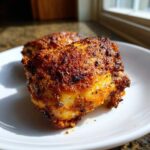 Close-up of perfectly browned, crispy skin on Keto Crispy Baked Chicken Thighs served on a white plate.