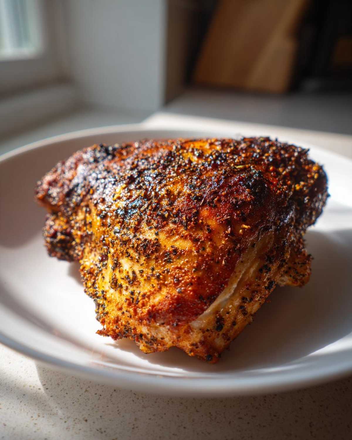 Close-up of a perfectly cooked Keto Crispy Baked Chicken Thighs with a dark, seasoned, crispy skin.