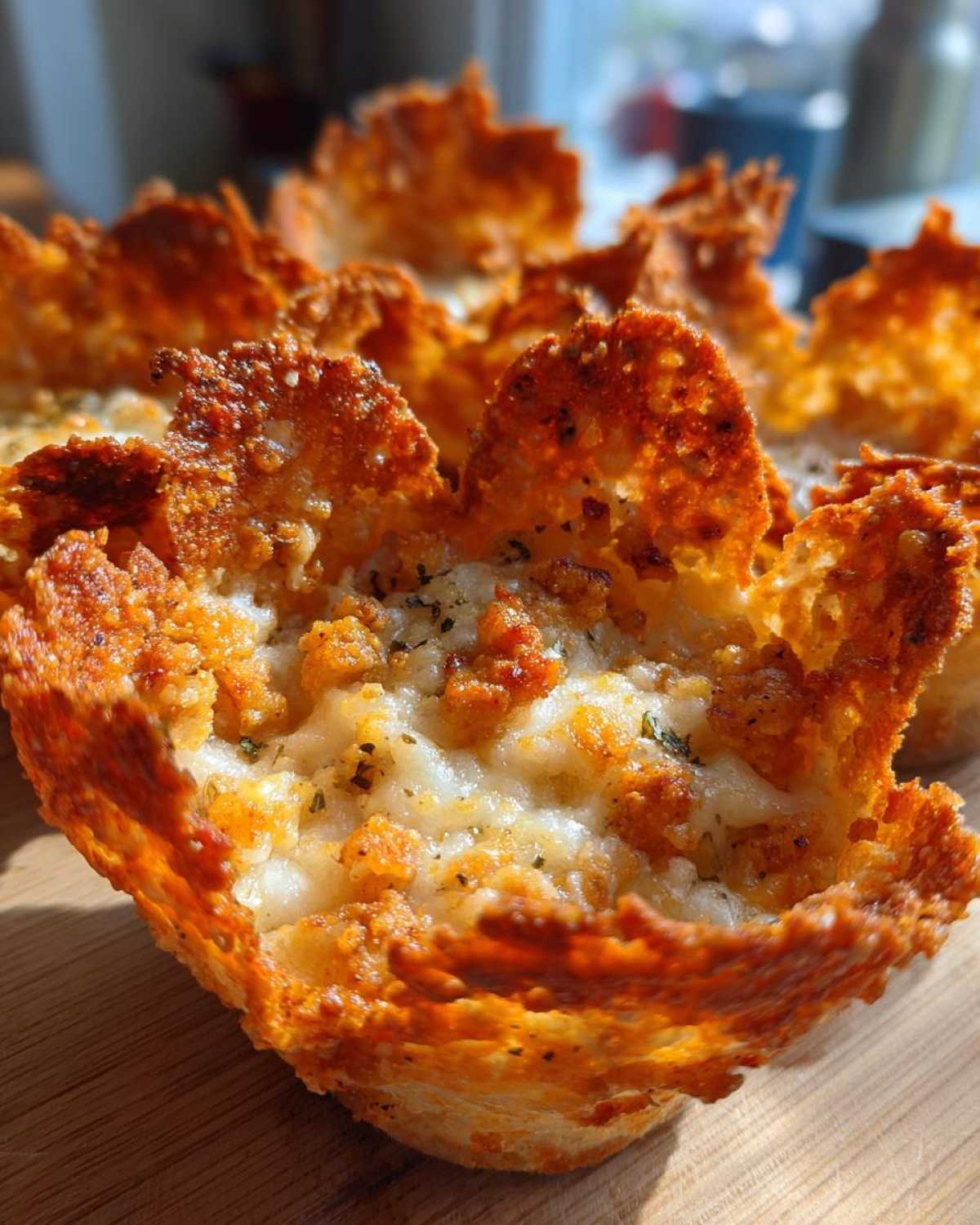 Close-up of a baked Keto Crispy Cheese Taco Shell Bowl filled with melted cheese and browned bits.