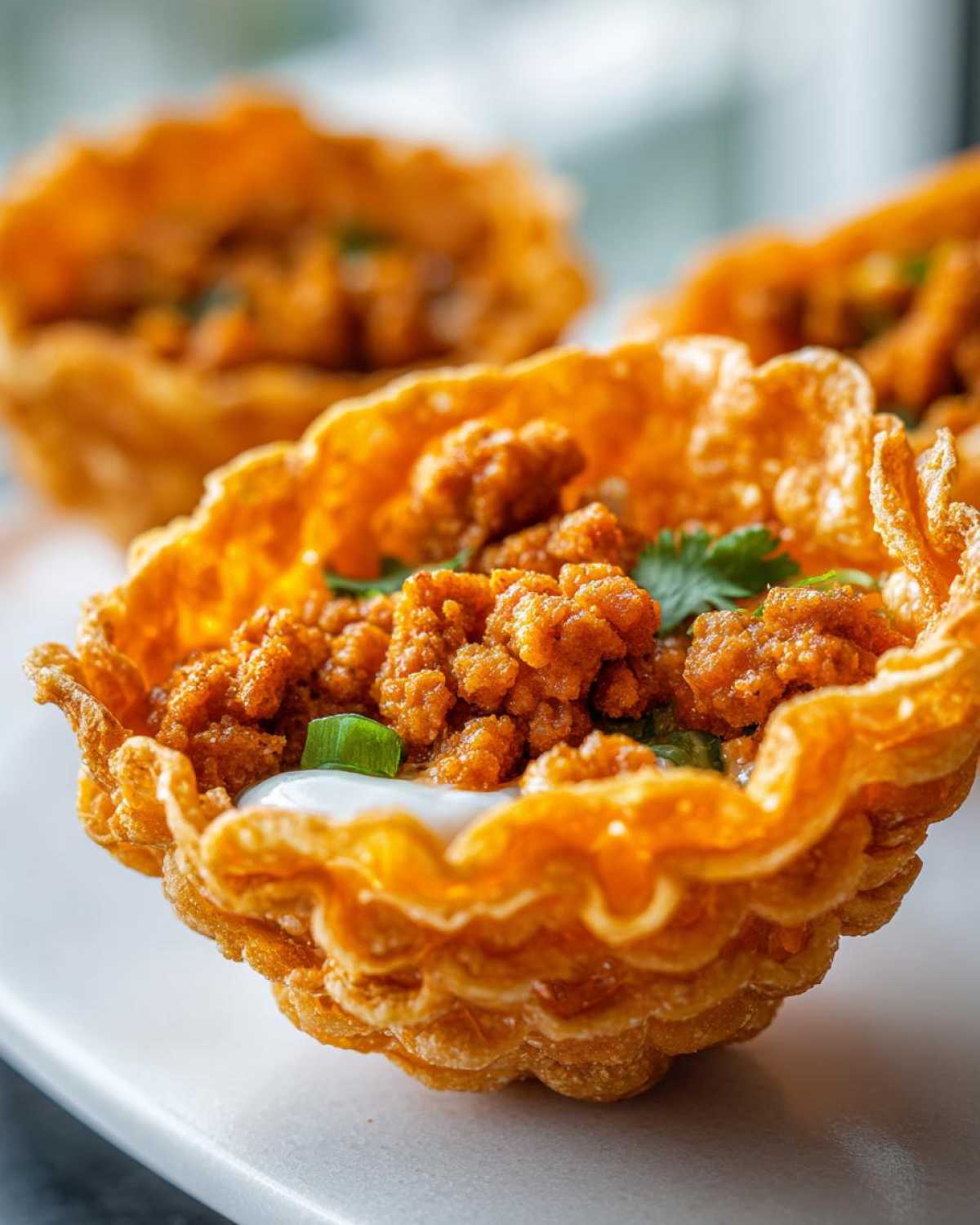 Close-up of a Keto Crispy Cheese Taco Shell Bowl filled with seasoned ground meat, sour cream, and cilantro.