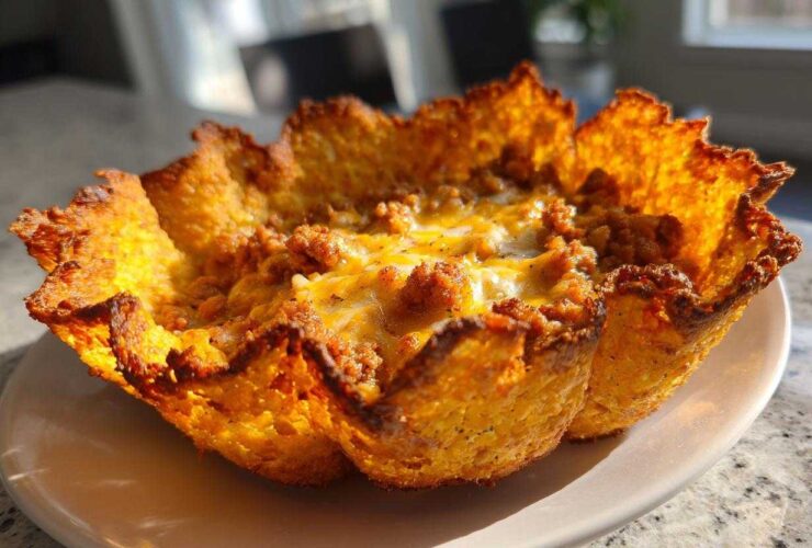 Close-up of a single Keto Crispy Cheese Taco Shell Bowl filled with seasoned ground meat and melted cheese.