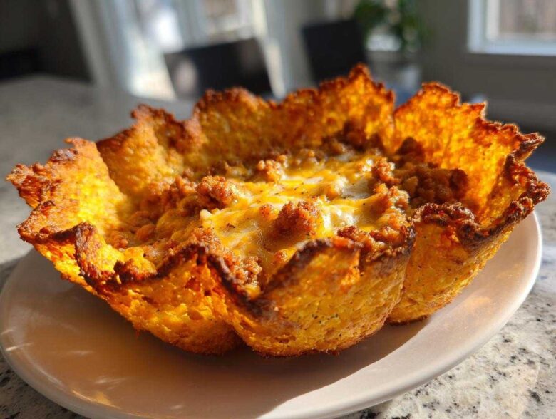 Close-up of a single Keto Crispy Cheese Taco Shell Bowl filled with seasoned ground meat and melted cheese.