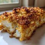 Close-up of a perfectly baked fillet of Keto Crispy Parmesan Crusted Cod showing flaky white fish and a golden-brown crust.