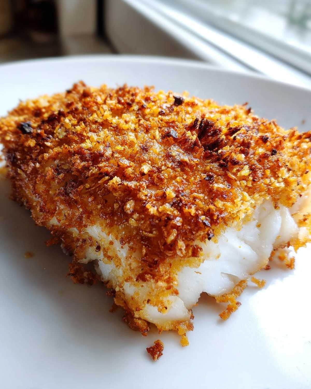 Close-up of a perfectly cooked fillet of Keto Crispy Parmesan Crusted Cod showing flaky white fish and a golden, crunchy crust.