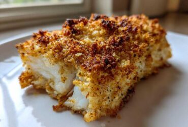 Close-up of a perfectly baked fillet of Keto Crispy Parmesan Crusted Cod showing flaky white fish and a golden-brown crust.