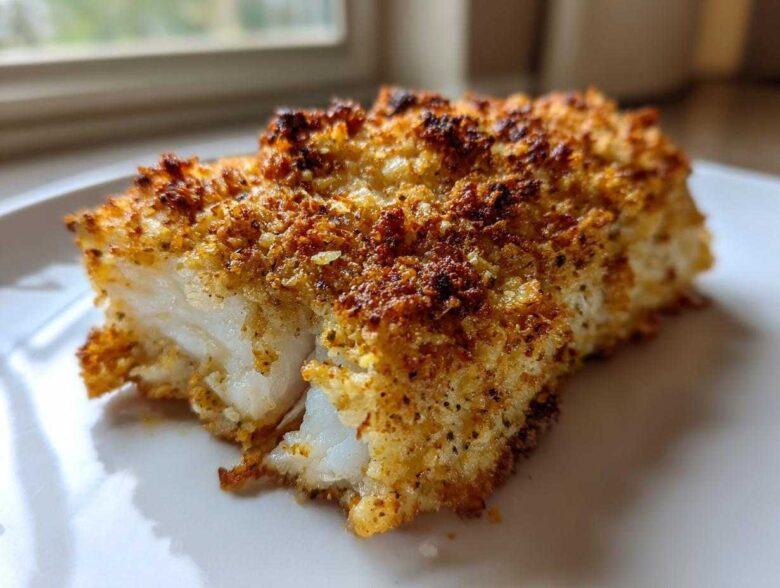 Close-up of a perfectly baked fillet of Keto Crispy Parmesan Crusted Cod showing flaky white fish and a golden-brown crust.