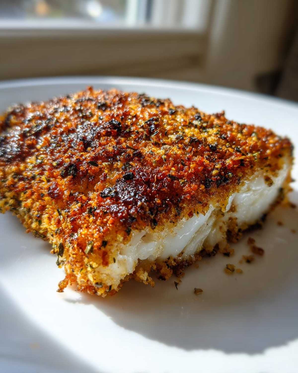 Close-up of a perfectly cooked piece of Keto Crispy Parmesan Crusted Cod showing a thick, flaky white interior and a golden-brown, herbed crust.