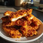 A stack of golden brown Keto Crispy Pork Rind Chicken Tenders showing the white, juicy interior.