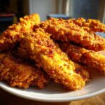 A pile of golden brown, crispy Keto Crispy Pork Rind Chicken Tenders stacked on a white plate.