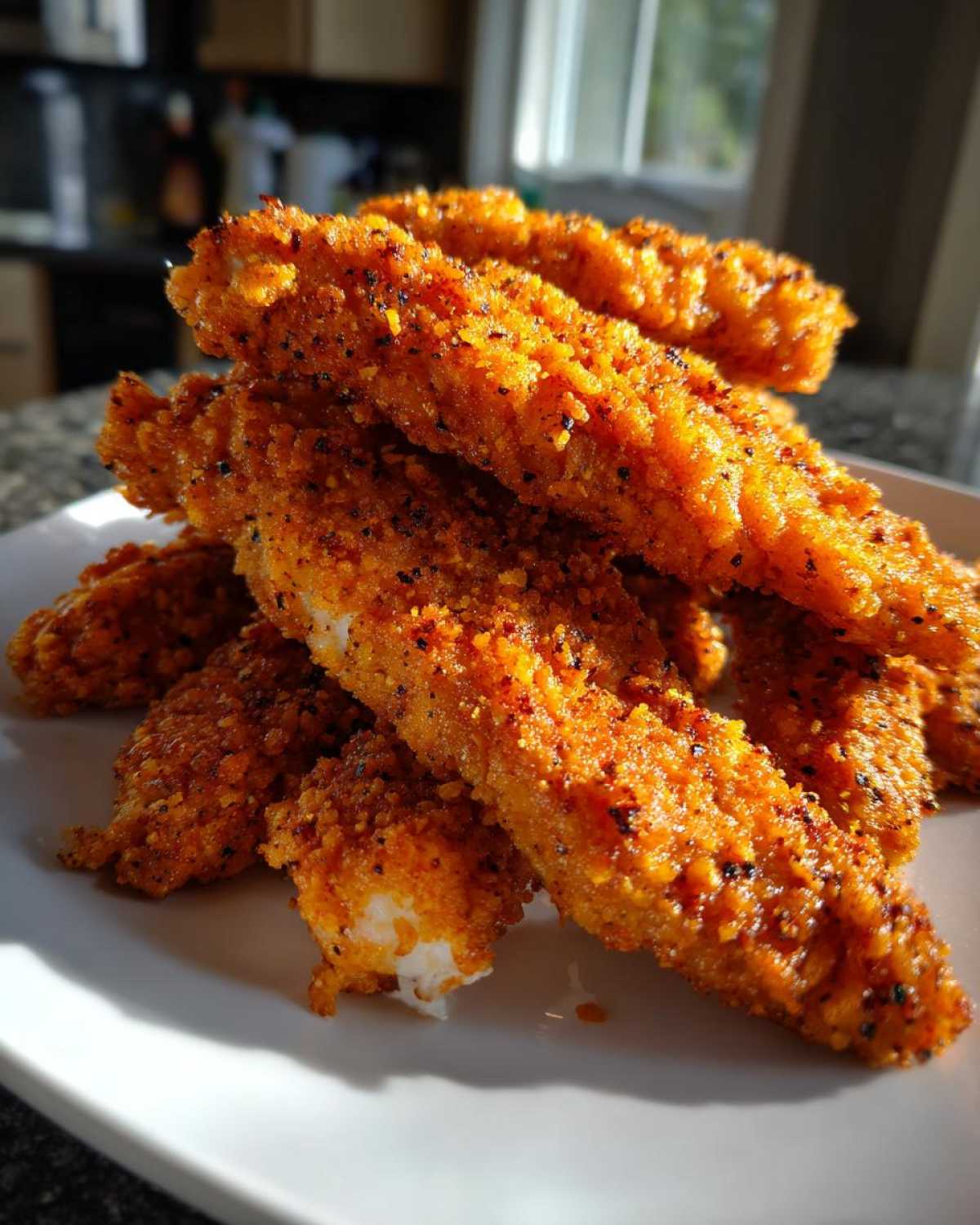 A stack of golden-brown Keto Crispy Pork Rind Chicken Tenders, heavily seasoned and perfectly crunchy.