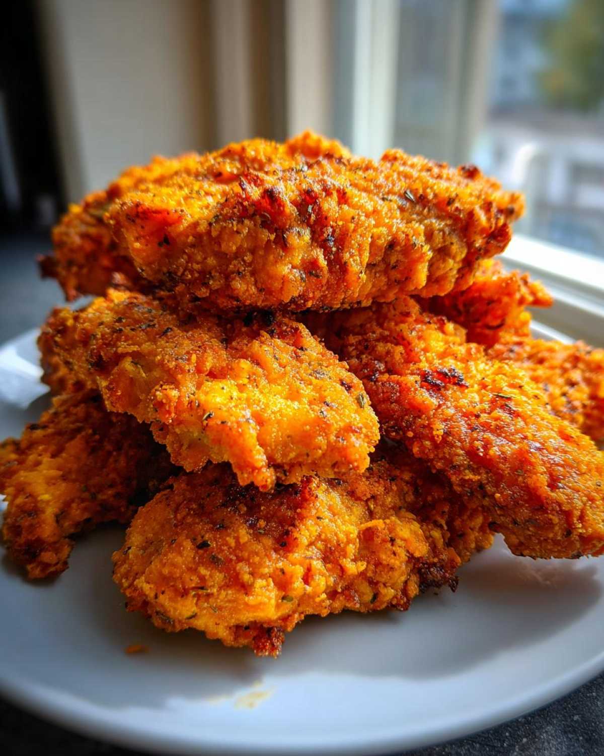 A close-up stack of golden, crispy Keto Crispy Pork Rind Chicken Tenders piled high on a light-colored plate.