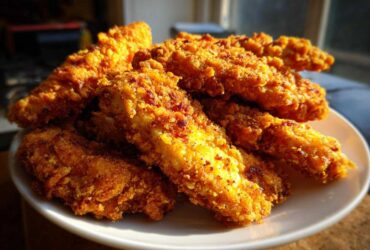 A pile of golden brown, crispy Keto Crispy Pork Rind Chicken Tenders stacked on a white plate.