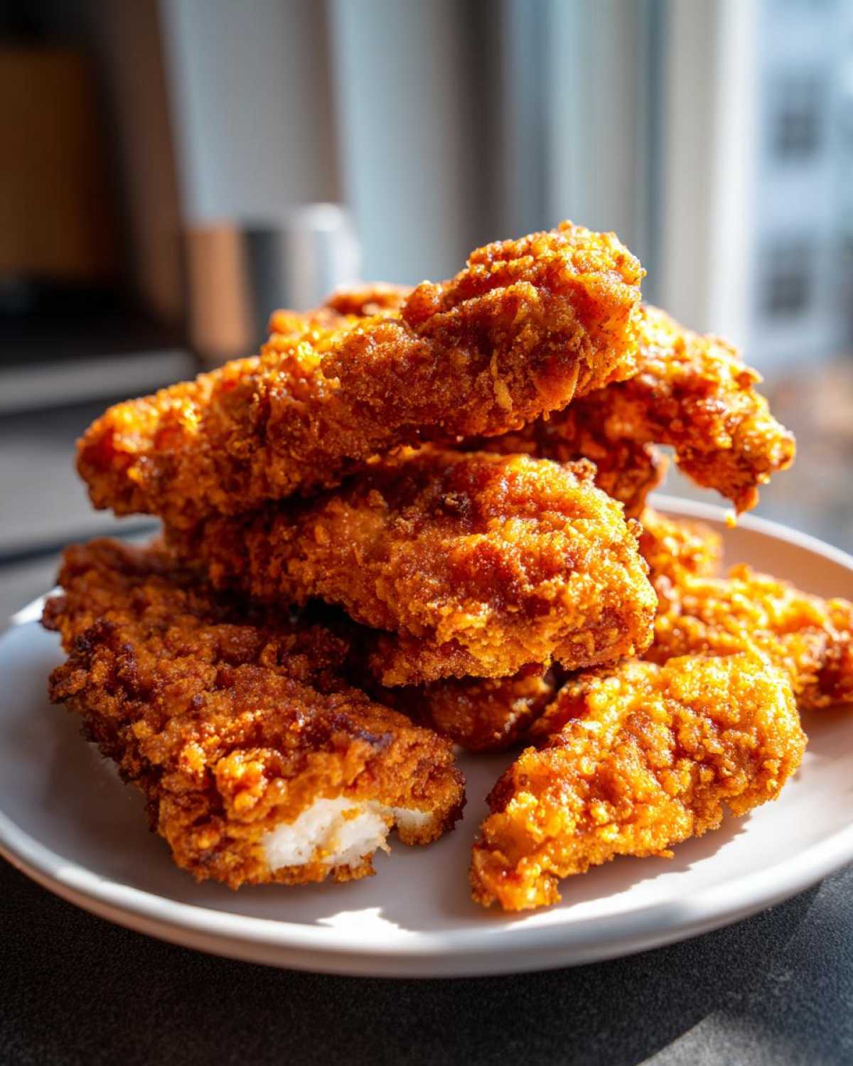 A close-up stack of golden brown Keto Crispy Pork Rind Chicken Tenders piled high on a white plate.