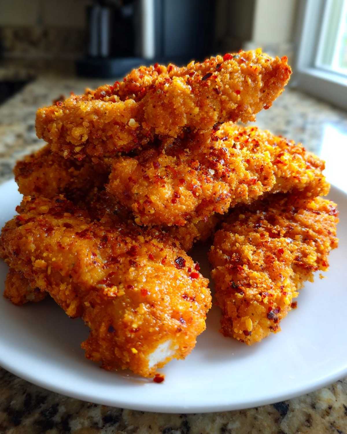 A stack of golden brown Keto Crispy Pork Rind Chicken Tenders heavily coated in seasoning and chili flakes on a white plate.