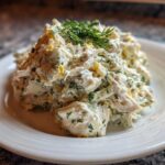 A mound of creamy Keto Lemon Herb Chicken Salad garnished with fresh dill on a white plate.