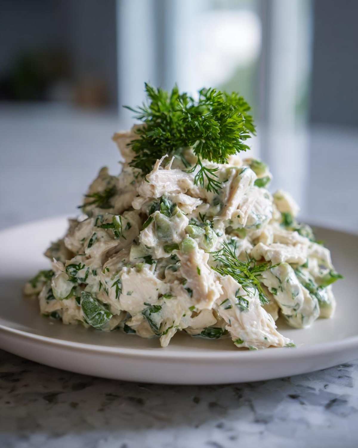 A mound of creamy Keto Lemon Herb Chicken Salad mixed with green herbs and celery, garnished with fresh parsley on a white plate.