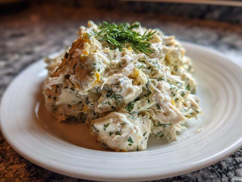 A mound of creamy Keto Lemon Herb Chicken Salad garnished with fresh dill on a white plate.