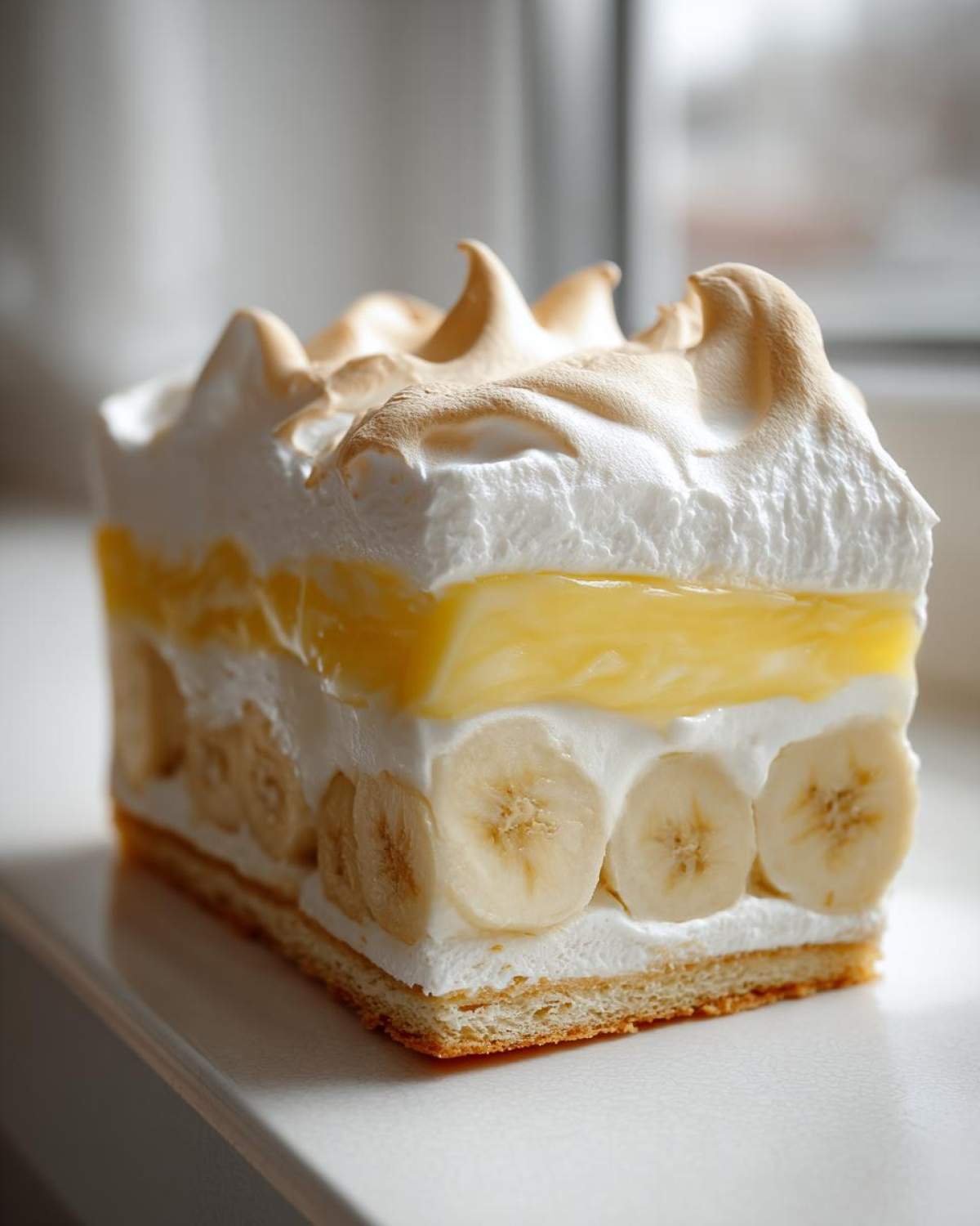 A perfect slice of layered Banana Pudding showing layers of vanilla wafers, cream, sliced bananas, custard, and toasted meringue topping.
