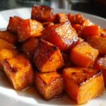 Close-up of glossy, caramelized Maple Roasted Sweet Potatoes cubes glistening in maple syrup glaze on a white plate.