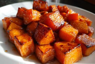 Close-up of glossy, caramelized Maple Roasted Sweet Potatoes cubes glistening in maple syrup glaze on a white plate.