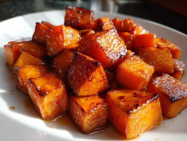 Close-up of glossy, caramelized Maple Roasted Sweet Potatoes cubes glistening in maple syrup glaze on a white plate.