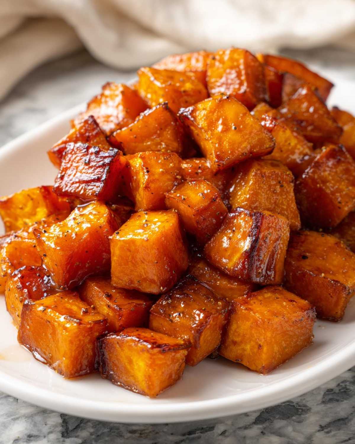 Close-up of glossy, caramelized Maple Roasted Sweet Potatoes cubes piled on a white plate.