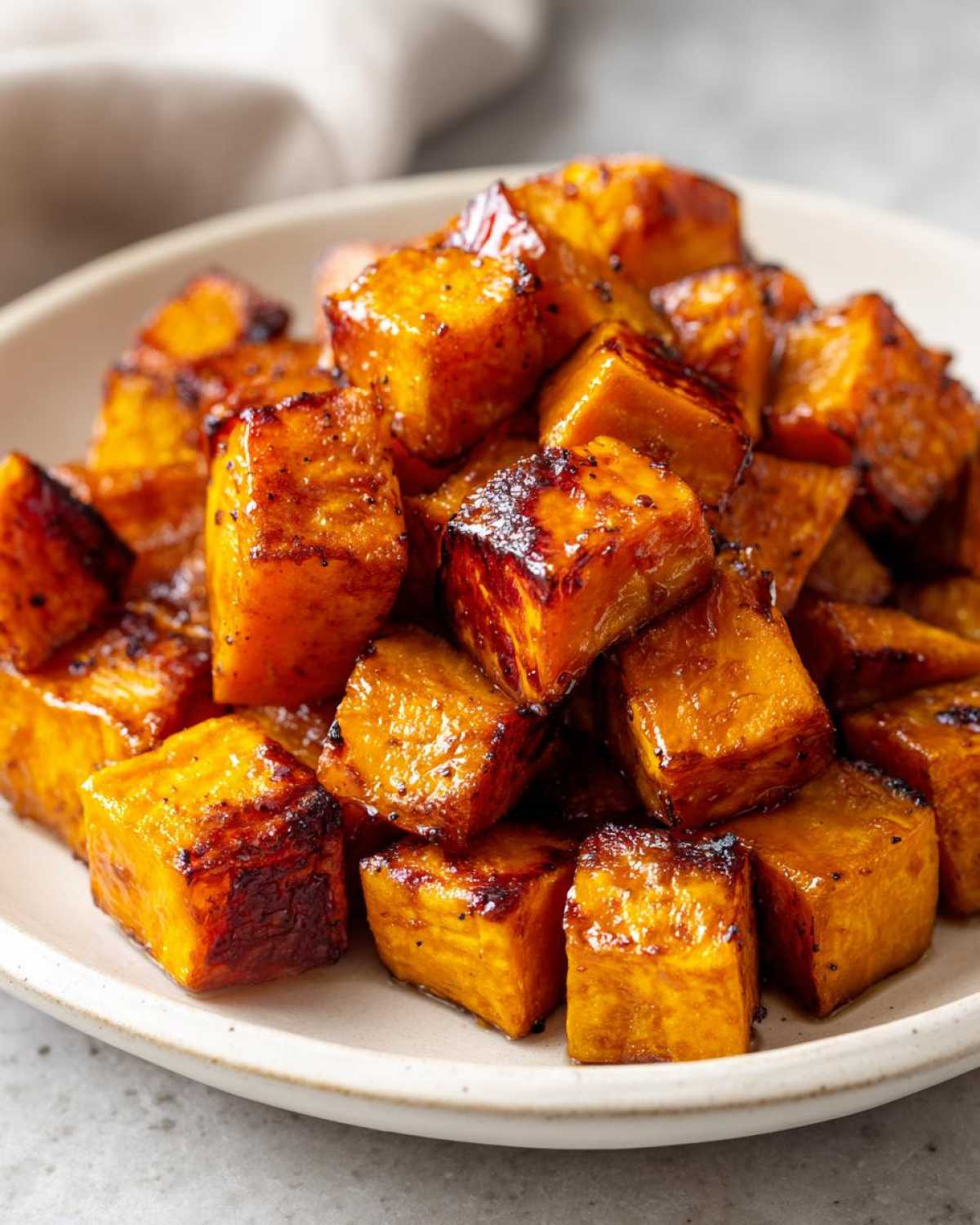 Close-up of glistening, caramelized Maple Roasted Sweet Potatoes cubes piled high on a light-colored plate.