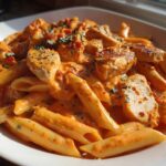 Close-up of a white bowl filled with Marry Me Chicken Pasta featuring penne noodles and sliced chicken in a rich, creamy tomato sauce.