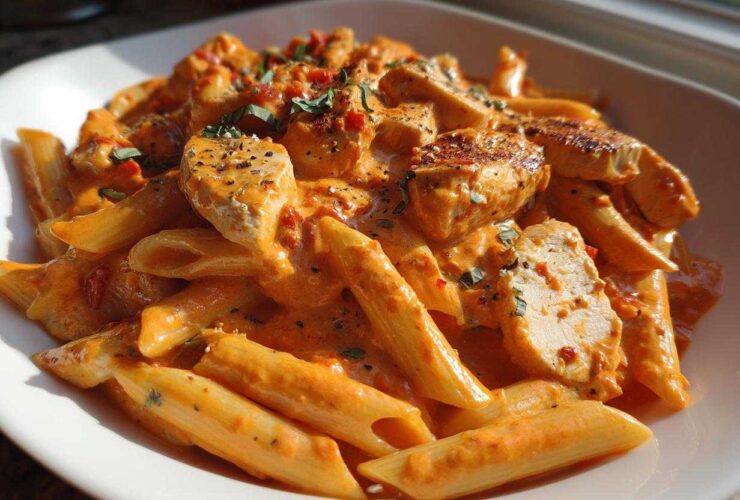 Close-up of a white bowl filled with Marry Me Chicken Pasta featuring penne noodles and sliced chicken in a rich, creamy tomato sauce.