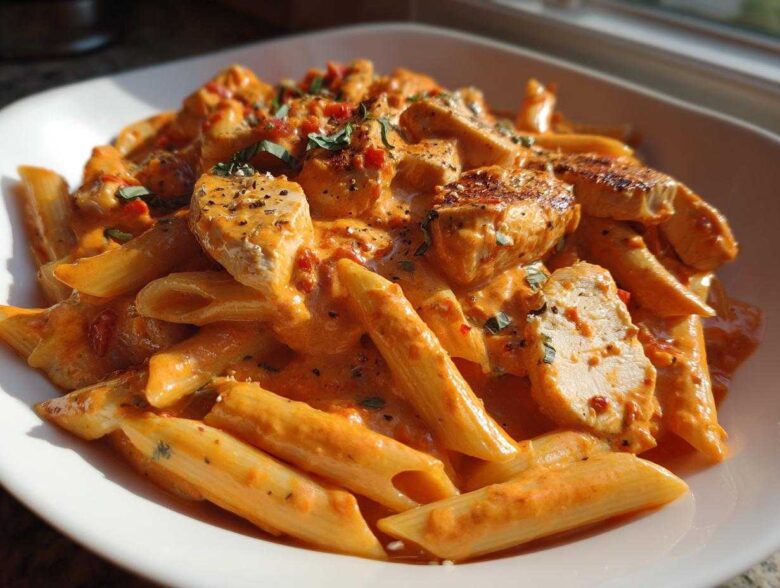 Close-up of a white bowl filled with Marry Me Chicken Pasta featuring penne noodles and sliced chicken in a rich, creamy tomato sauce.
