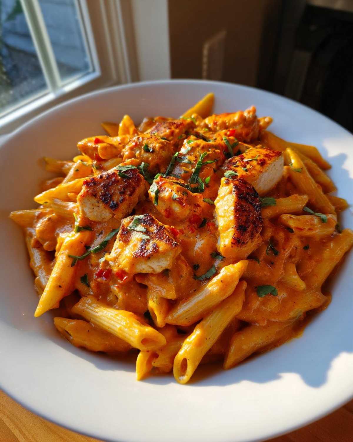 A bowl of rich Marry Me Chicken Pasta featuring penne noodles coated in a creamy orange sauce and topped with seared chicken pieces.