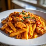 A close-up of a white bowl filled with creamy Marry Me Chicken Pasta featuring penne noodles and seared chicken pieces.
