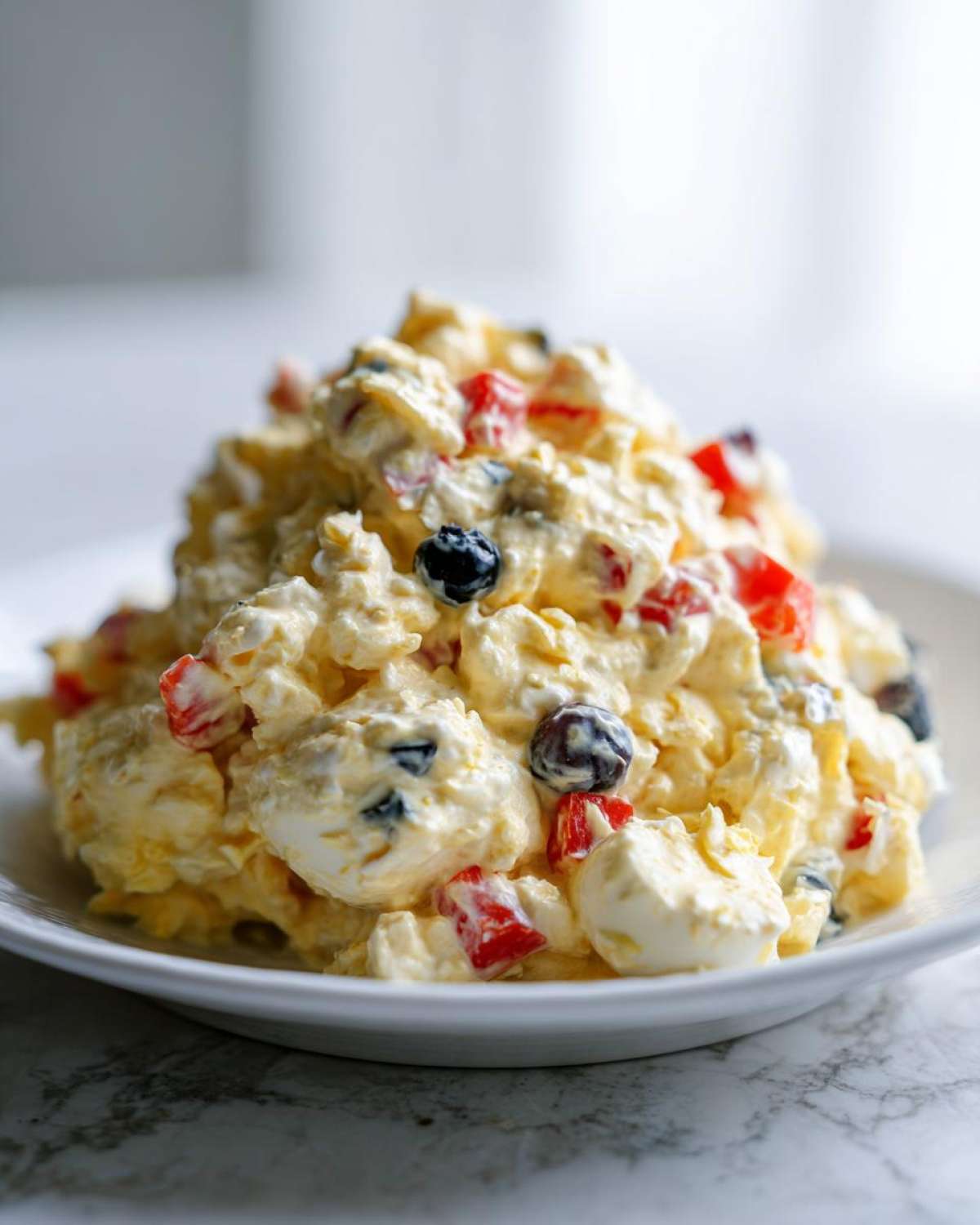 A mound of creamy Memorial Day Egg Salad mixed with blueberries and diced red peppers served in a white bowl.