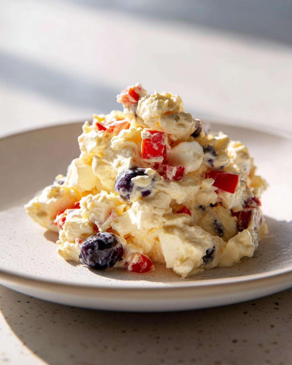 A scoop of creamy Memorial Day Egg Salad mixed with blueberries and diced red peppers on a light speckled plate.