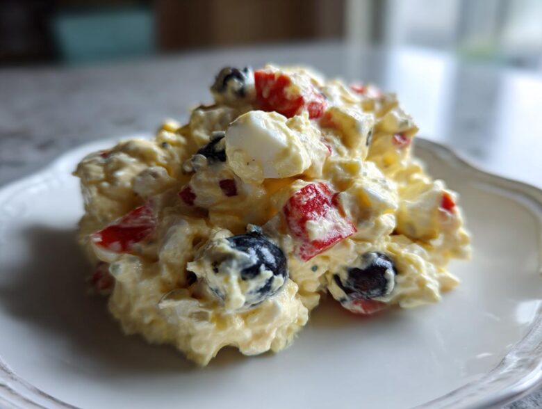 A scoop of creamy Memorial Day Egg Salad featuring chunks of egg, red bell pepper, and blueberries on a white plate.