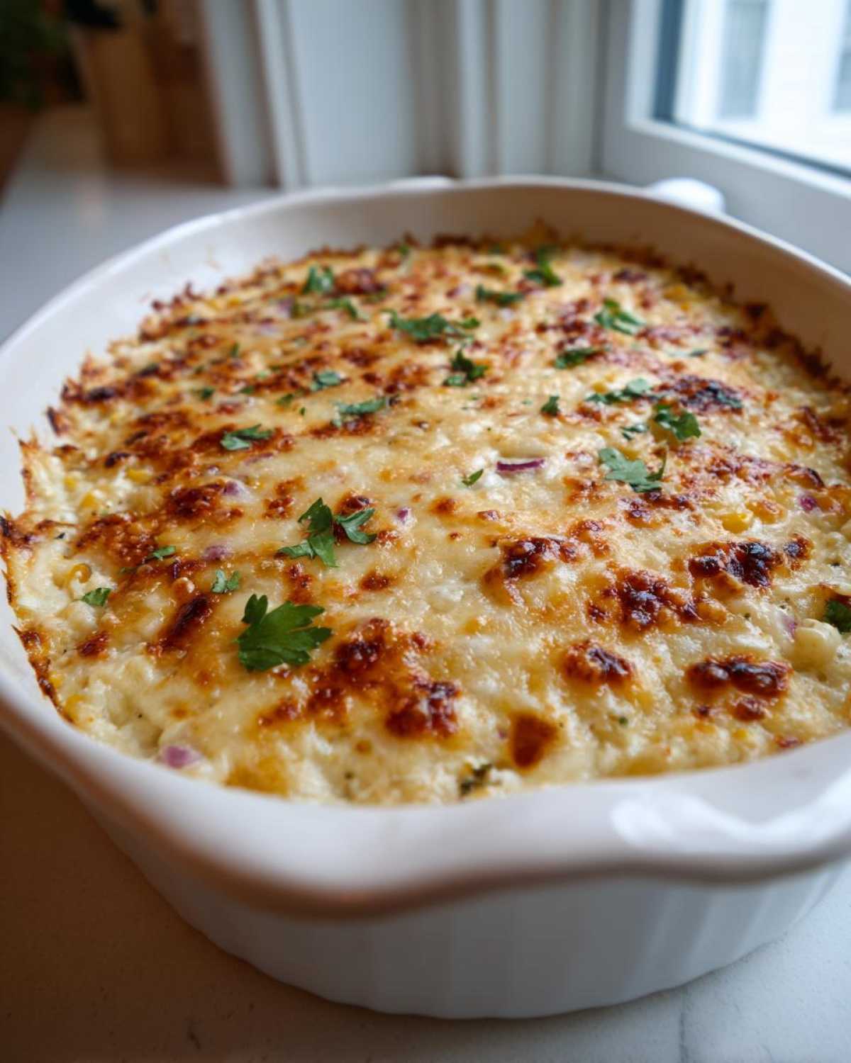 Close-up of hot, bubbly Mexican Street Corn Dip with a golden-brown cheesy top, garnished with cilantro.