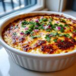 Close-up of baked Mexican Street Corn Dip with a golden-brown, cheesy top garnished with cilantro and red onion.
